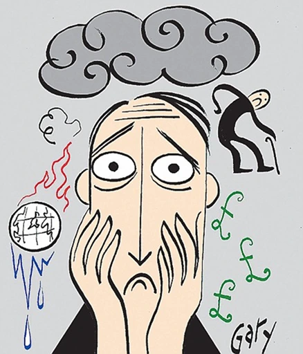 Kaygı, stres ve mali sıkıntıları temsil eden bir karikatür. Başının üstünde kara bulutlar olan, endişeli bir adam yüzünü elleriyle tutuyor. Arkada yaşlı bir adam ve para sembolleri bulunuyor.