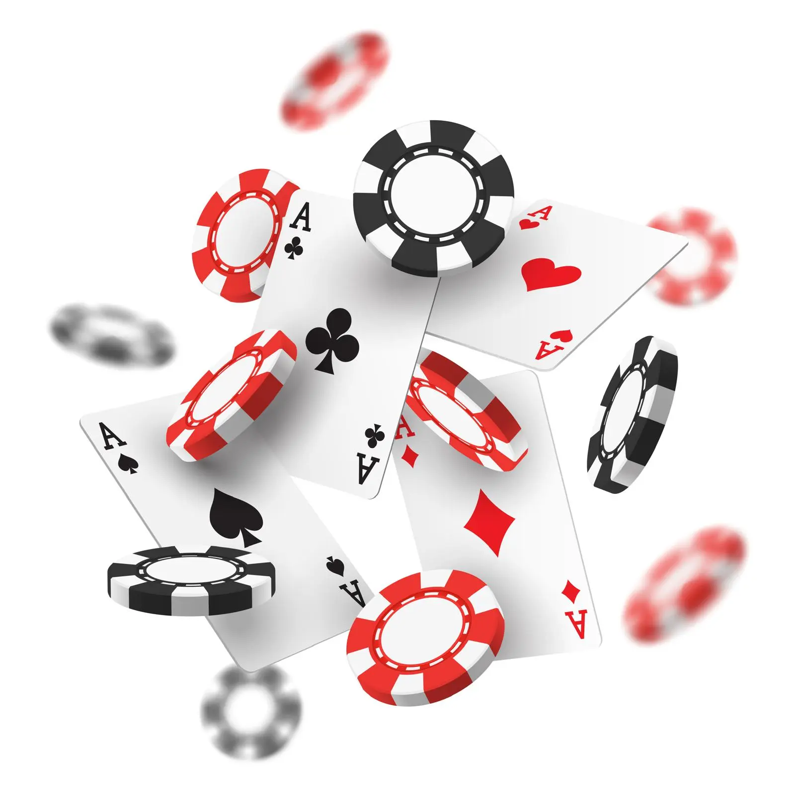 Poker fişleri ve iskambil kartları havada uçuşurken, kumar ve şans oyunlarını temsil eden bir görsel.